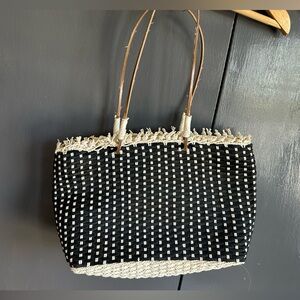 Woven Black & Cream Straw Tote Bag with Leather Handles